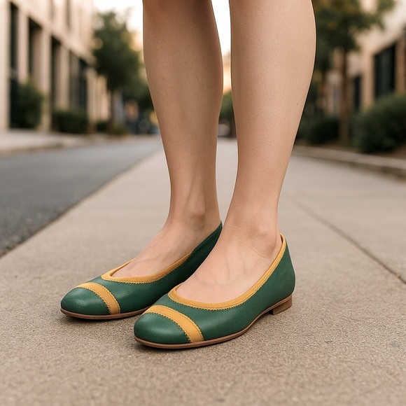 Stuart Weitzman euc green yellow leather ballerina round toe women’s flats shoes - Picture 1 of 7